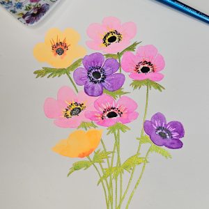 Aquarelle d’un bouquet d’anémones fluo aux teintes vibrantes, avec des tiges et des détails subtilement nacrés.