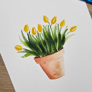 Aquarelle de tulipes jaunes dans un pot en terre sur papier aquarelle, œuvre originale, peinture florale.